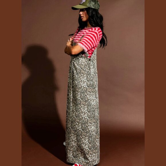 NWT Dressed in Lala Big Feelings Vintage Leopard Oversized Denim Overalls, XL - Picture 3 of 12